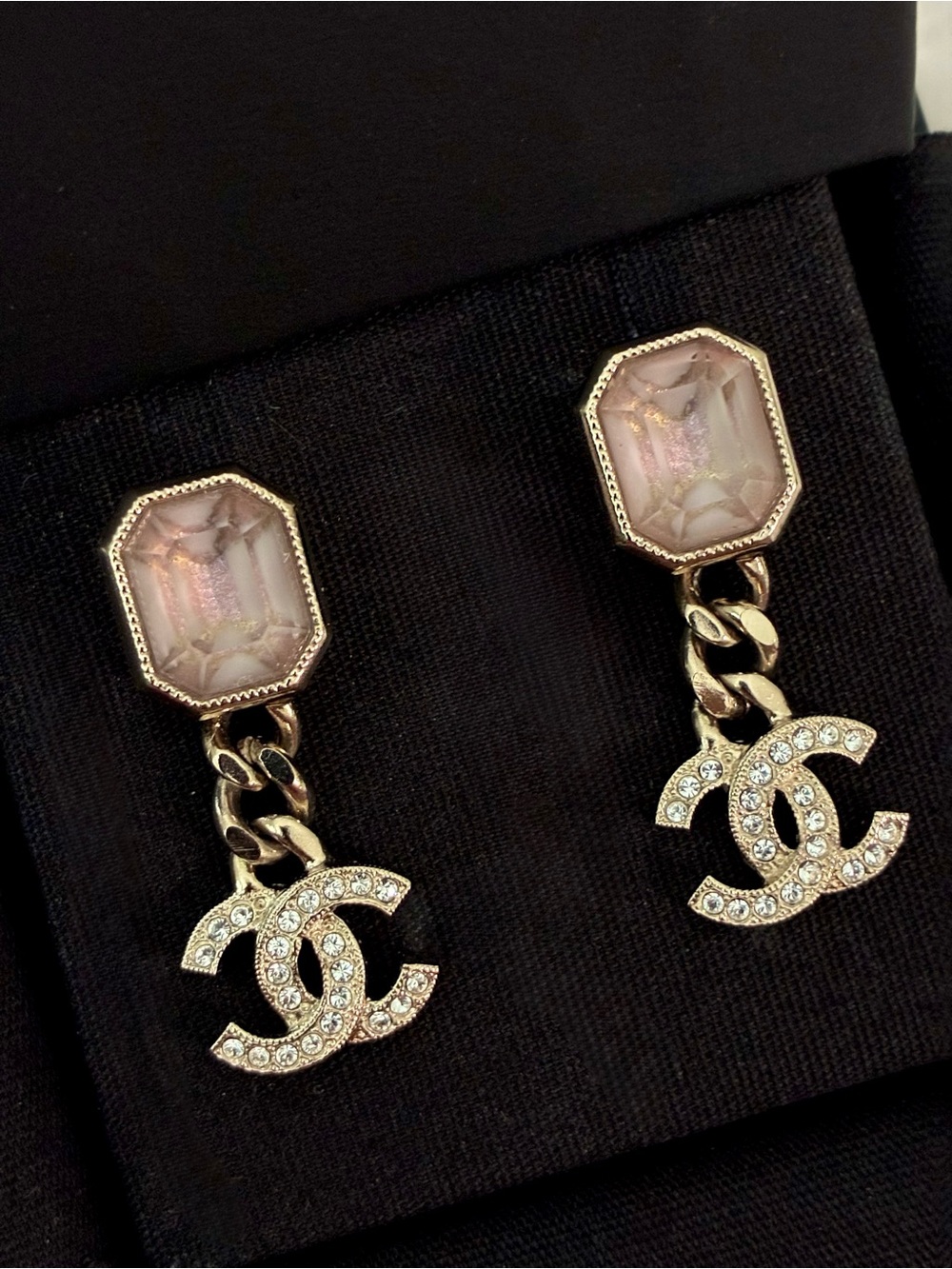 CHANEL Gold-Tone Drop Earrings with Pale Pink Gem and Crystal CC